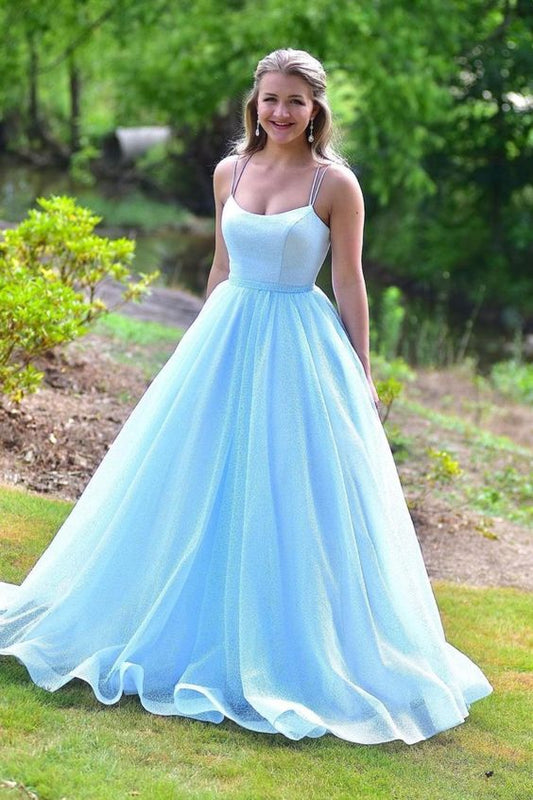 spaghetti straps blue A-line long prom dress         cg23310