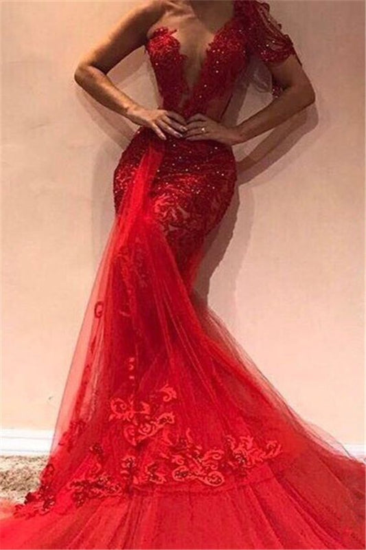 Amazing One Shoulder Lace Column Prom Dress           cg23316