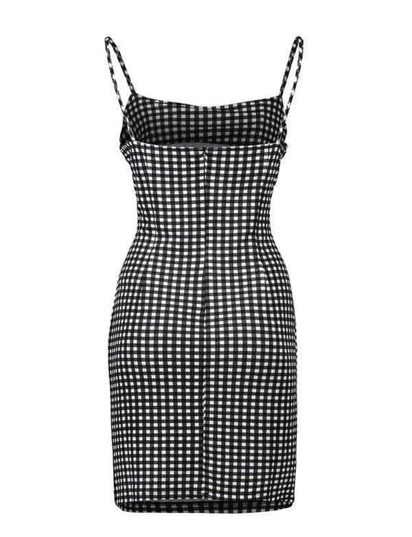 Black White Plaid Spaghetti Straps Bodycon Mini  homecoming Dress cg2332