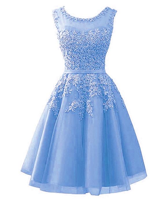 Blue Tulle Round Neckline Beaded Short Homecoming Dress     cg23332