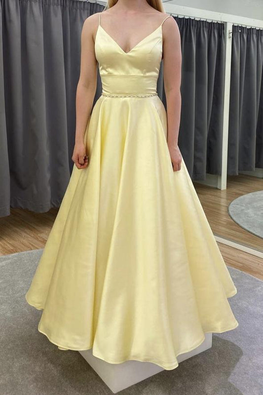 Yellow satin long A line prom dress yellow evening dress      cg23363