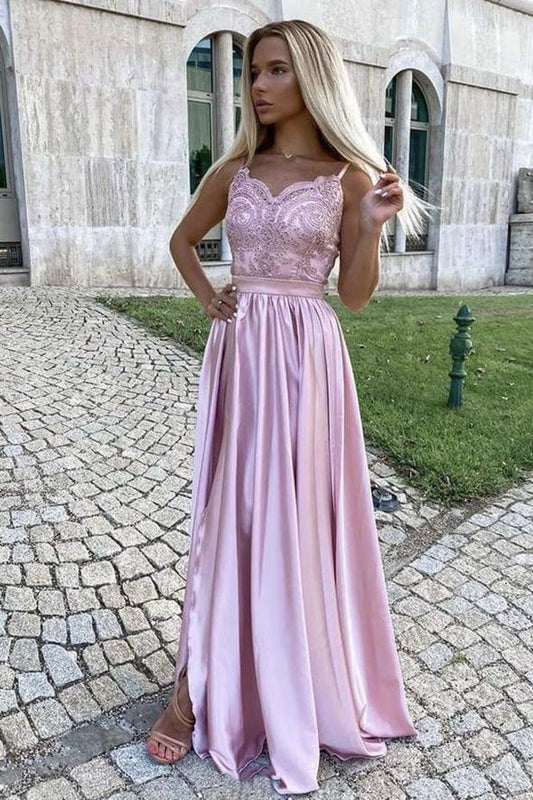 Pink lace long A line prom dress pink evening dress        cg23367