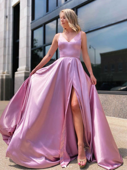 Simple pink satin long prom dress, pink long bridesmaid dress         cg23373