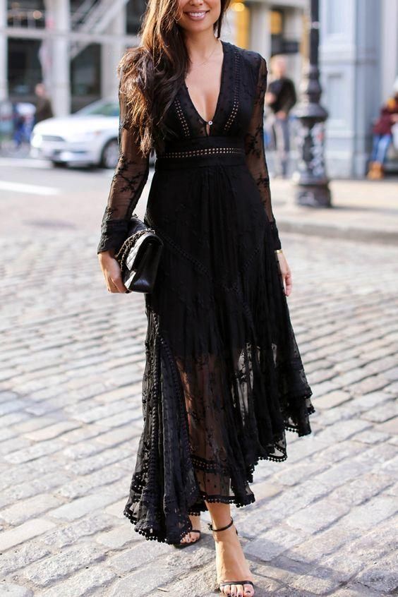 Sheer Sleeves Black Prom Dress With Lace           cg23381