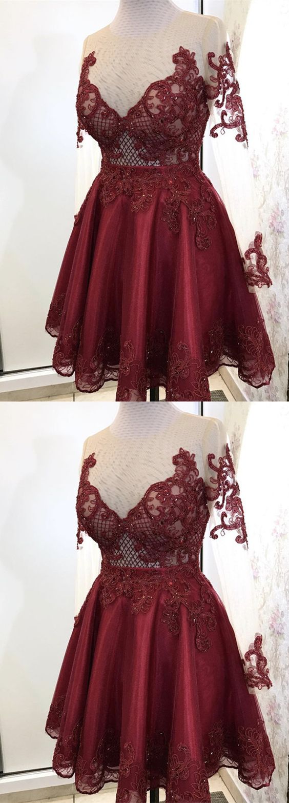 Elegant Burgundy Tulle Homecoming Dresses Lace Long Sleeves cg2354