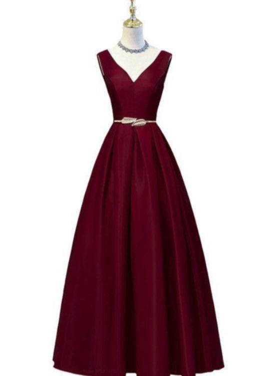 A-Line V-Neckline Satin Simple Party Dress With Belt, Long Evening Dresses Formal Dresses Prom Dress      cg23554