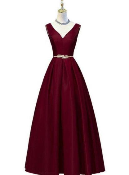 A-Line V-Neckline Satin Simple Party Dress With Belt, Long Evening Dresses Formal Dresses Prom Dress      cg23554