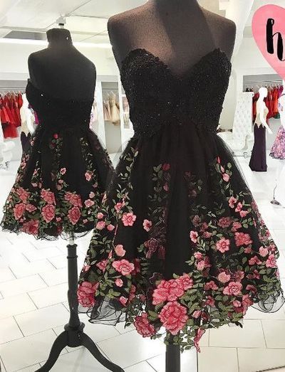 A Line Sweetheart Flower Lace Black Short homecoming Dresses, Little Black Dresses cg2356