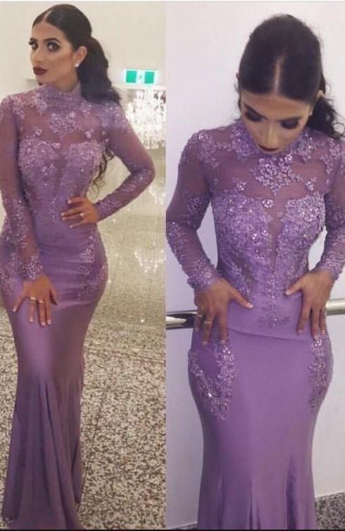 Elegant High Neck Long Sleeve Prom Dresses Long Lace Appliqued           cg23617