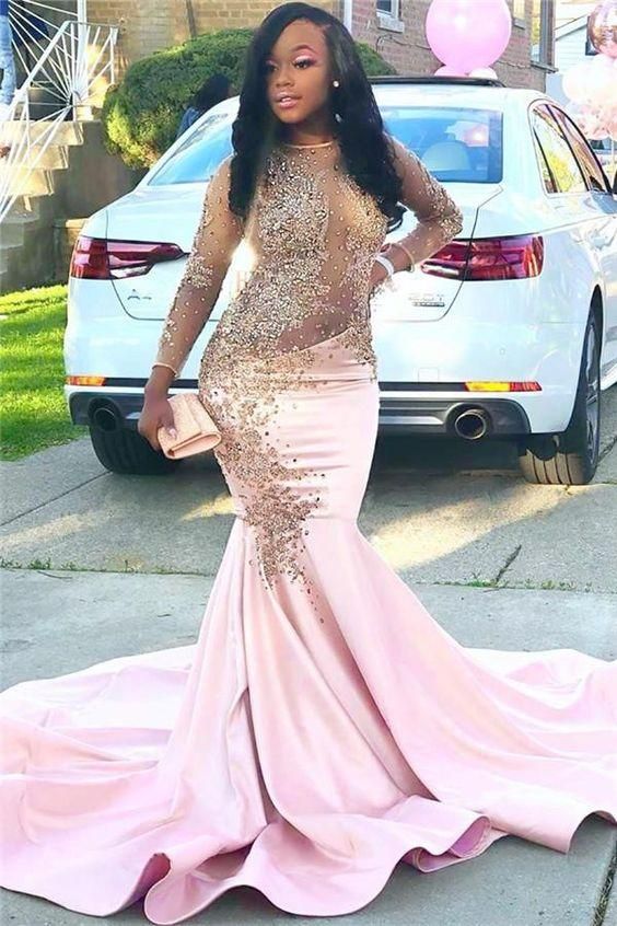 Sexy Mermaid Prom Dresses Long Sleeves Pink Satin Scoop See Through             cg23629