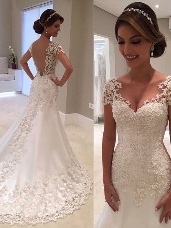 Sexy Mermaid Prom Dresses Mermaid Short Sleeves Sweetheart Sweep/Brush Train Lace Wedding Dresses             cg23640