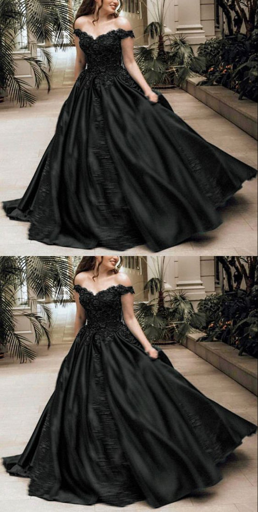 Elegant black satin prom ball gown dresses lace beaded off the shoulder   cg23656