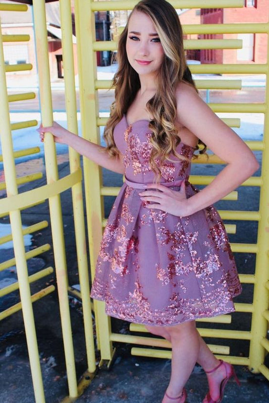 sweetheart rose gold sequins A-line short homecoming dress      cg23673