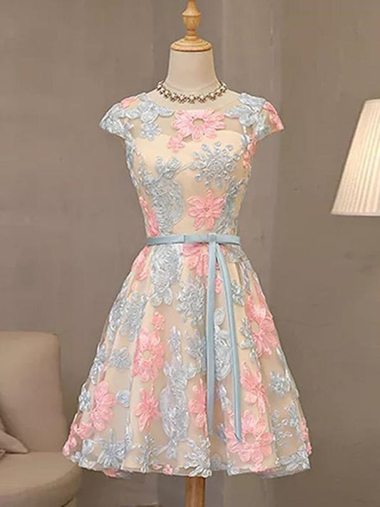 Cap Sleeves Colorful Lace Homecoming Dresses, Short Colorful Lace Formal Evening Dresses       cg23715