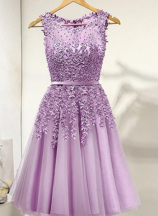 Purple Round Neckline Tulle Short Beaded Lace Knee Length Homecoming Dress       cg23746