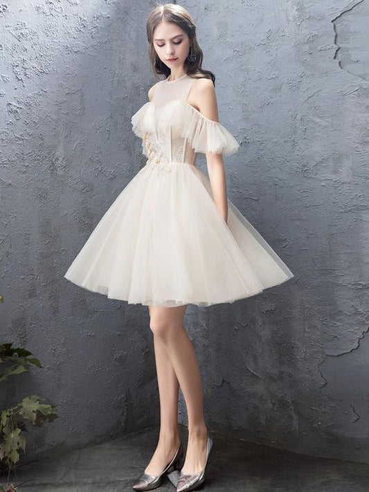 Cute round neck tulle champagne short dress, homecoming dress  cg2383