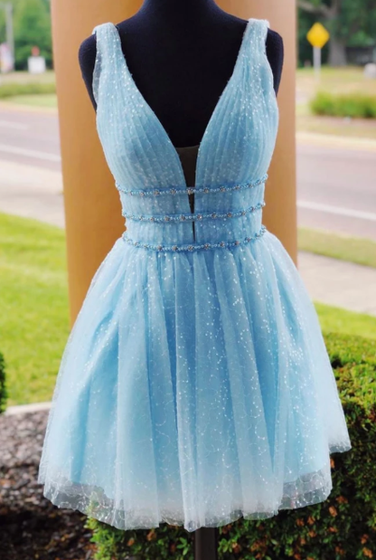 BLUE V NECK TULLE SHORT DRESS, BLUE TULLE HOMECOMING DRESS cg2385