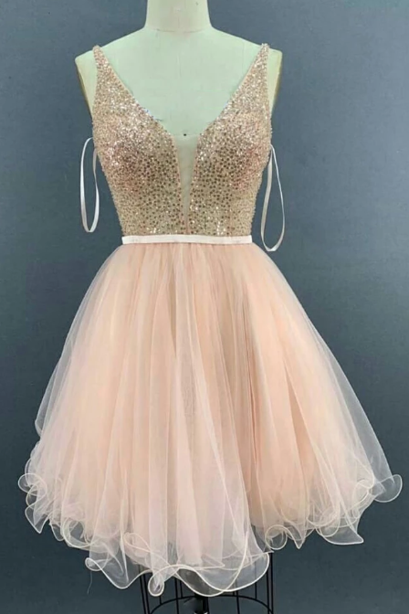 PINK V NECK TULLE SEQUIN SHORT DRESS, PINK TULLE HOMECOMING DRESS cg2390