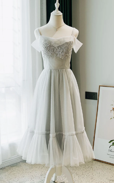 GRAY TULLE LACE DRESS, TULLE LACE HOMECOMING DRESS cg2395