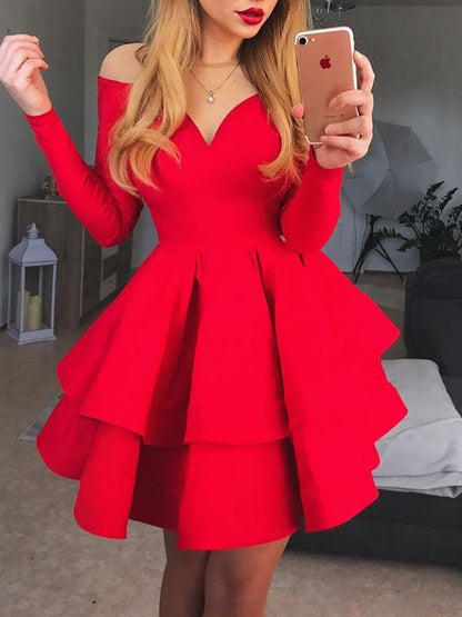 A-Line Crew Neck Long Sleeves Short Red Tiered Homecoming Dress cg240