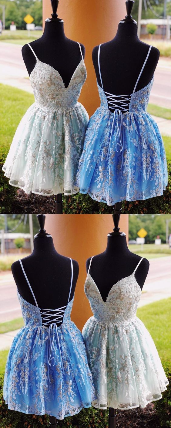 unique blue lace homecoming dresses, formal a line back to school dresses cg2408