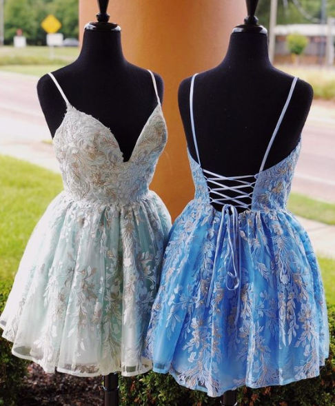 unique blue lace homecoming dresses, formal a line back to school dresses cg2408