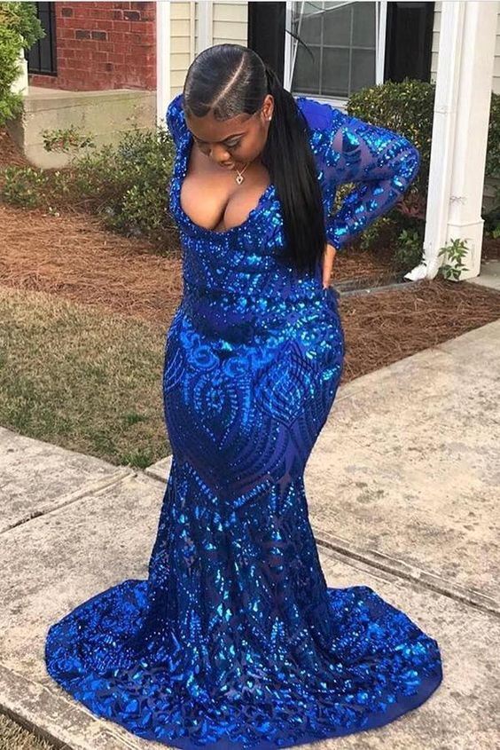 Long Sleeve Mermaid Plus Size Sequined Prom Dress      cg24241