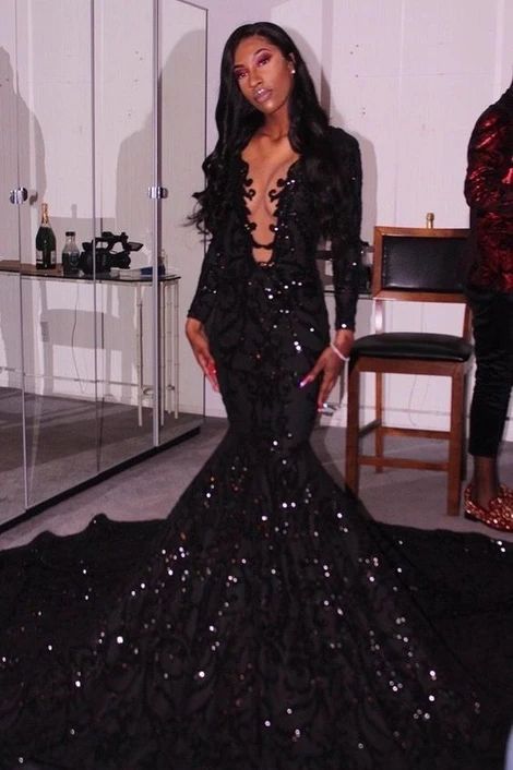 Black Deep V Neck Long Prom Dress , Mearmaid Prom Dress        cg24442