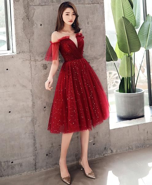 Burgundy tulle sequin short dress, burgundy homecoming dress cg2445