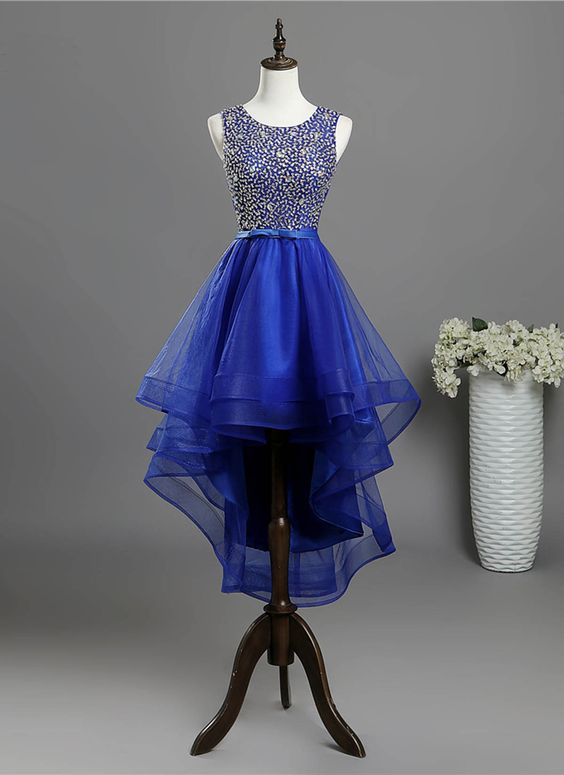 Royal blue tulle high low sequins dress, homecoming dress  cg2449