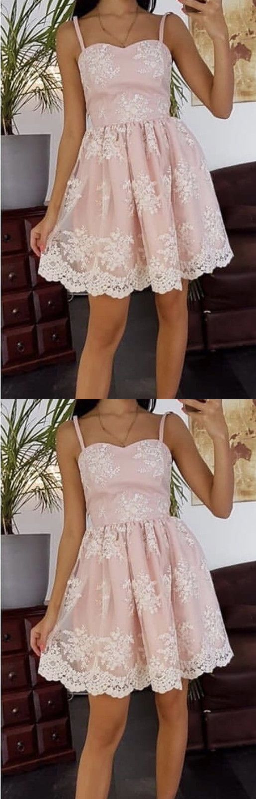 Cute A Line Spaghetti Straps Lace Homecoming Dresses Pink cg2463