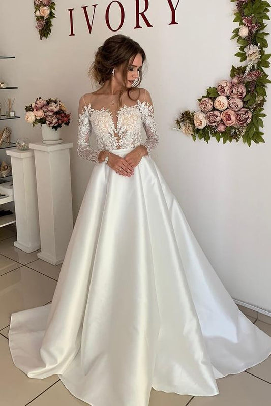 Prom Dress Princess Long Sleeves Illusion Neck Ivory Wedding Gown with Lace        cg24659