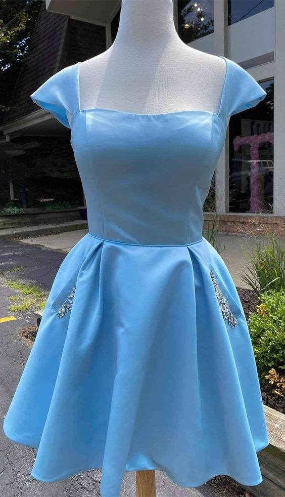 cap sleeves light sky blue satin short homecoming dress with beaded bodice     cg24733