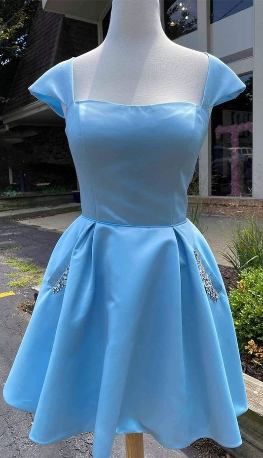 cap sleeves light sky blue satin short homecoming dress with beaded bodice     cg24733