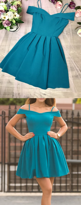 Turquoise Satin Off Shoulder Spaghetti Strap Homecoming Dresses cg2510