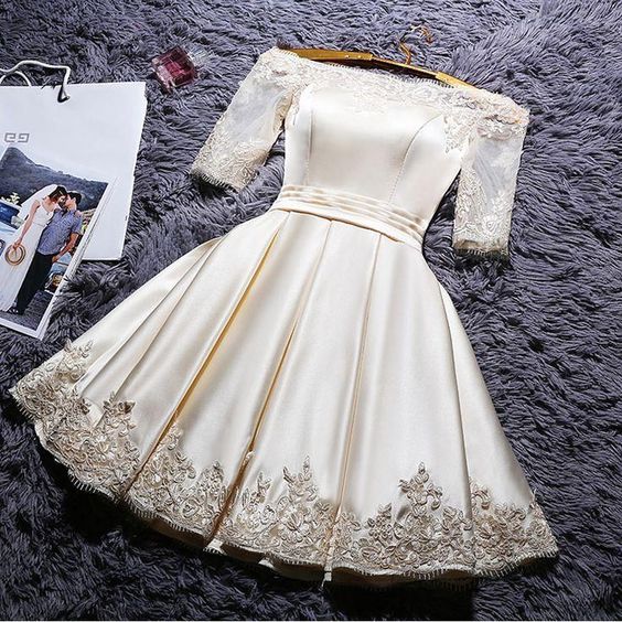 White Lace Applique Off Shoulder 3/4 sleeve Stain Homecoming Dresses cg2545