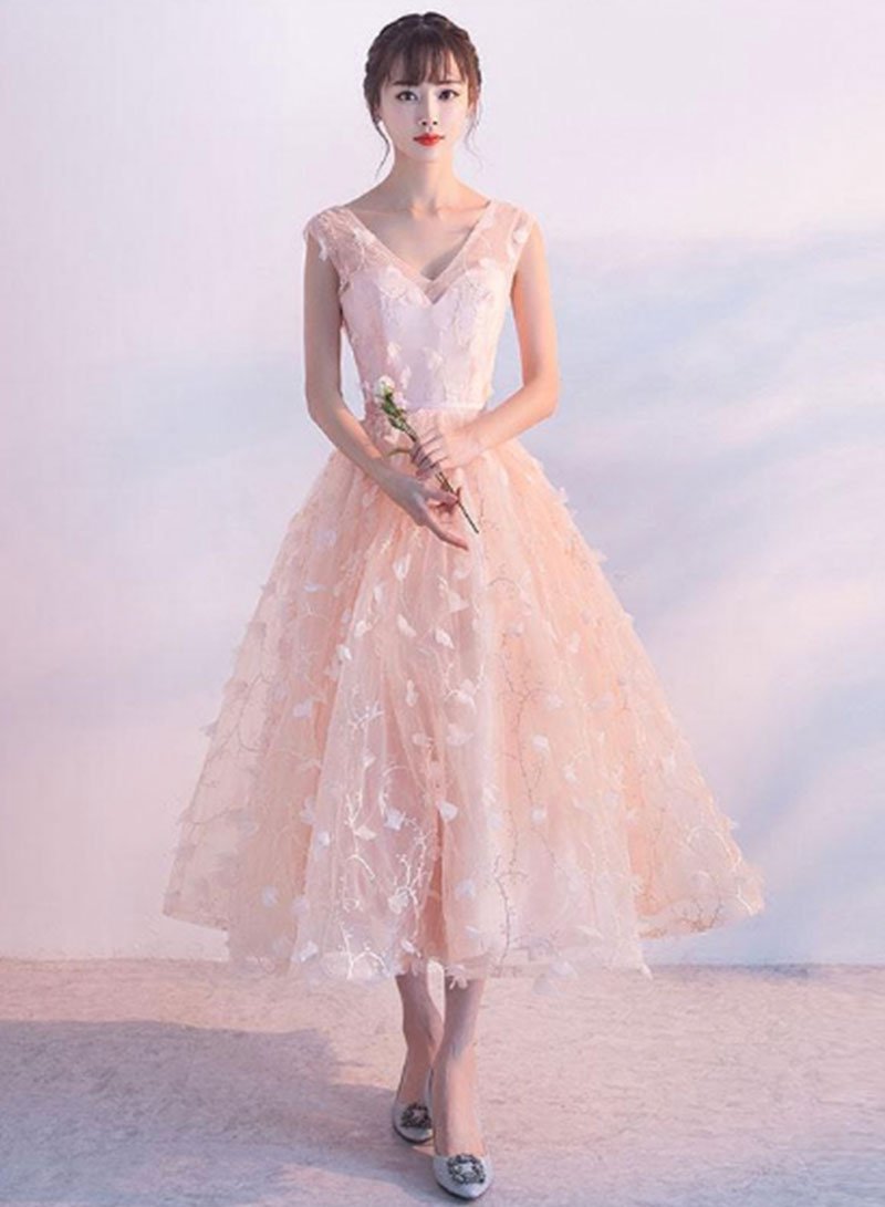 Pink v neck tulle short dress, homecoming dress cg2550