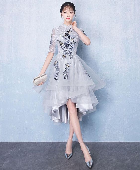 Cute gray tulle lace applique high low dress, gray homecoming dress cg2560