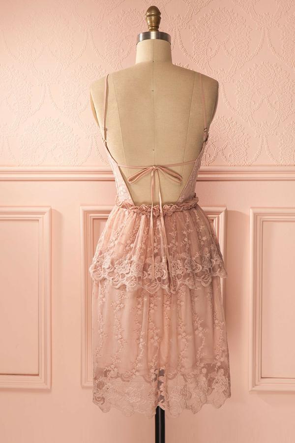 A-line Pink Lace Short Dress Spaghetti Straps Short Dresses Cheap Homecoming Dress  cg2561