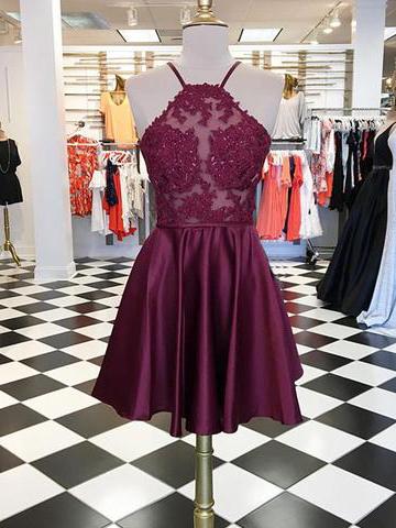 A-line Spaghetti Straps Burgundy Short Dress Chic Homecoming Dress cg2562