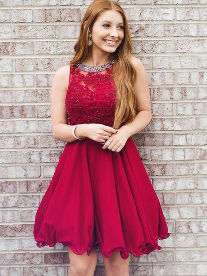 A-Line Round Neck Sleeveless Red Homecoming Dresses With Beading cg2566