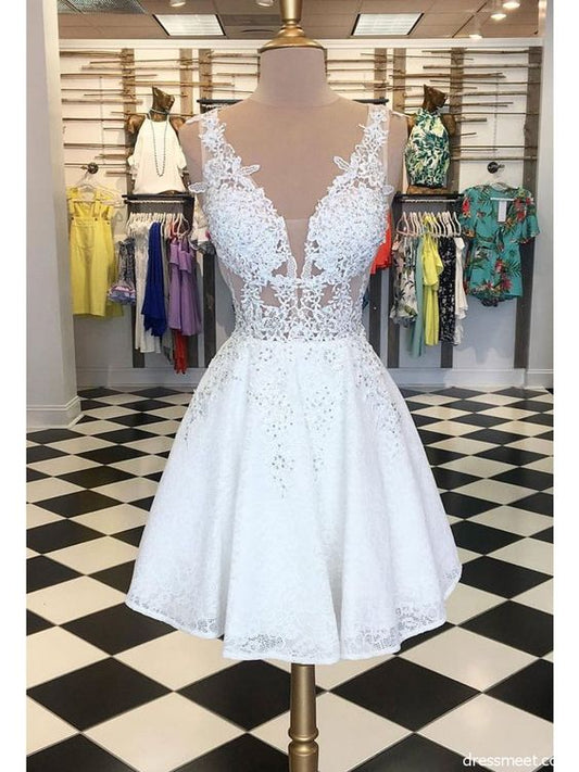 A Line V Neck Open Back Lace White Short Homecoming Dresses with Beading cg2570