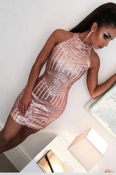 Sexy Halter Sleeveless Open Back Tight Short Rose Gold Homecoming Dress with Sequins cg2589