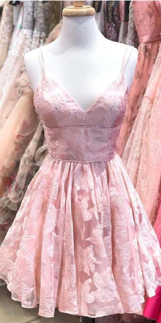 Straps A-line Lace Short Dress Pink Homecoming Dress  cg2595