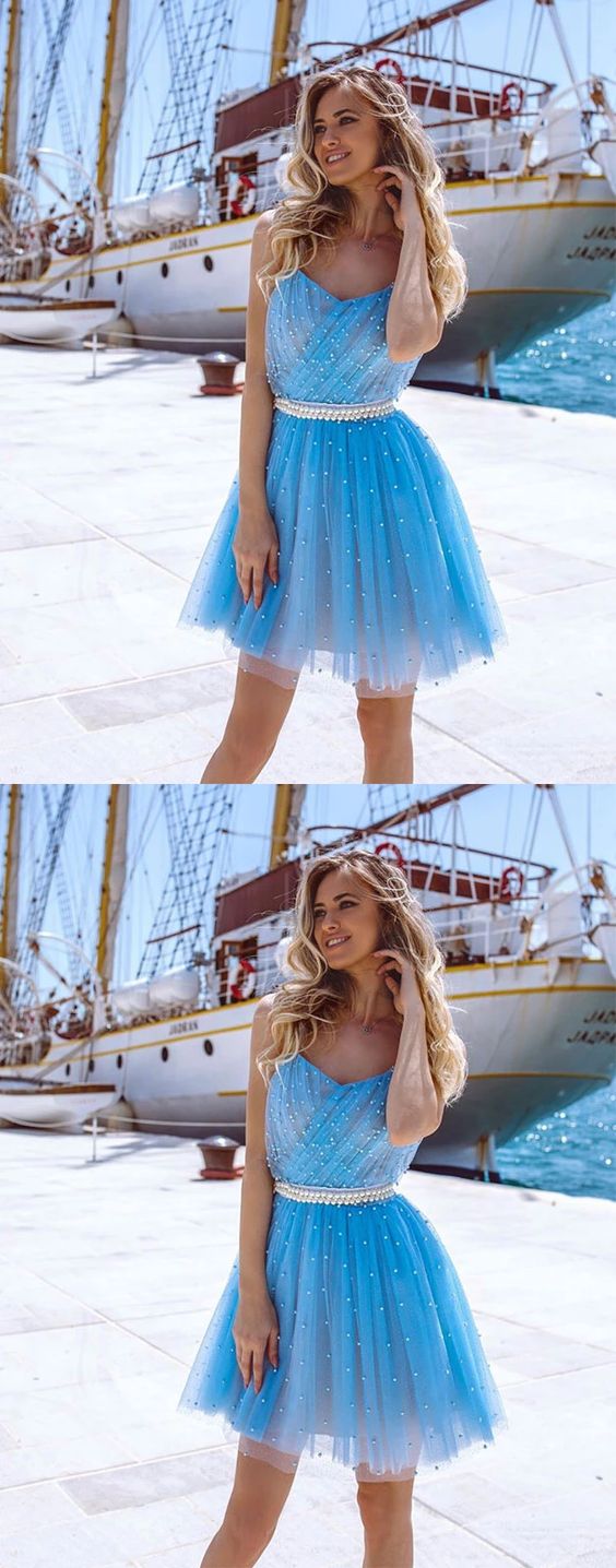 Cute blue short dress, blue tulle homecoming dress cg2601