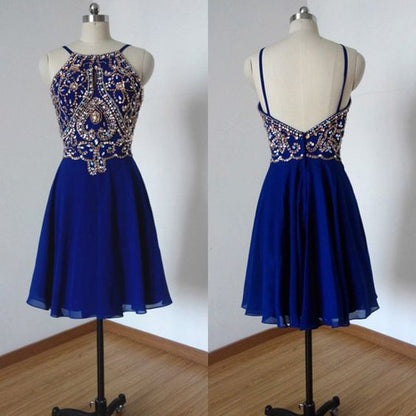 Open Back Homecoming Dresses Royal Blue Rhinesstone Aline Short Dress Party Dress  cg2603