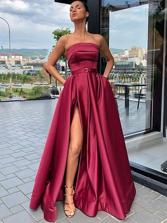 A Line High Slit Burgundy Satin Long Prom Dresses, High Slit Burgundy Satin Long Formal Evening Dresses cg2612