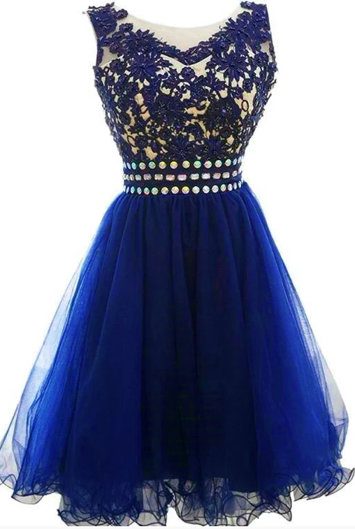 Cute Blue Knee Length Round Neckline Beade Party Dress, Blue Homecoming Dress cg2635