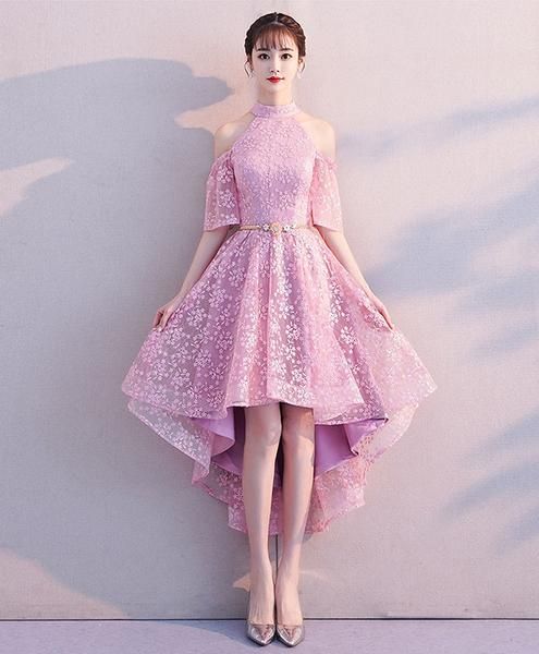 Pink high neck lace short dress, pink homecoming dress cg2657