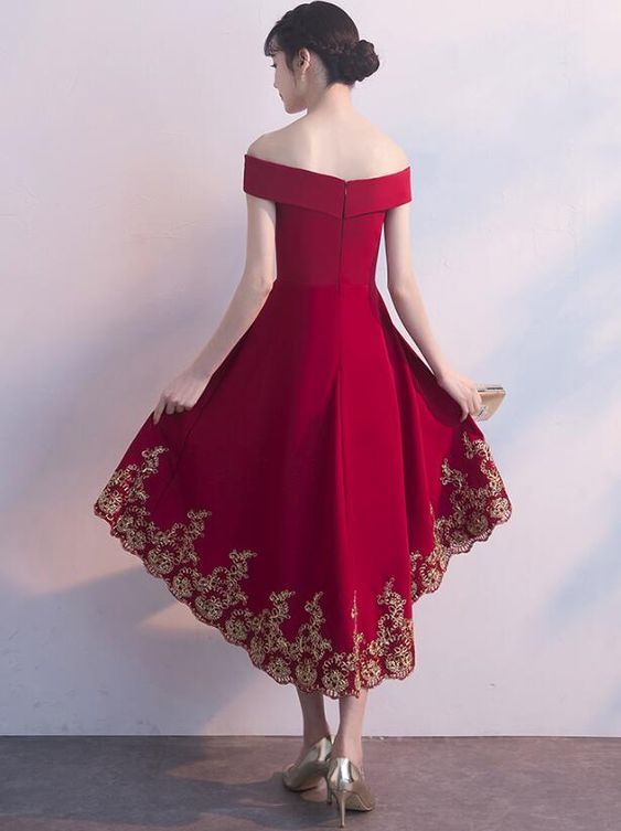 Beautiful Red High Low Party Dress with Gold Applique, Stylish Formal Dress, Cute Party Dress,homecoming dress  cg2658